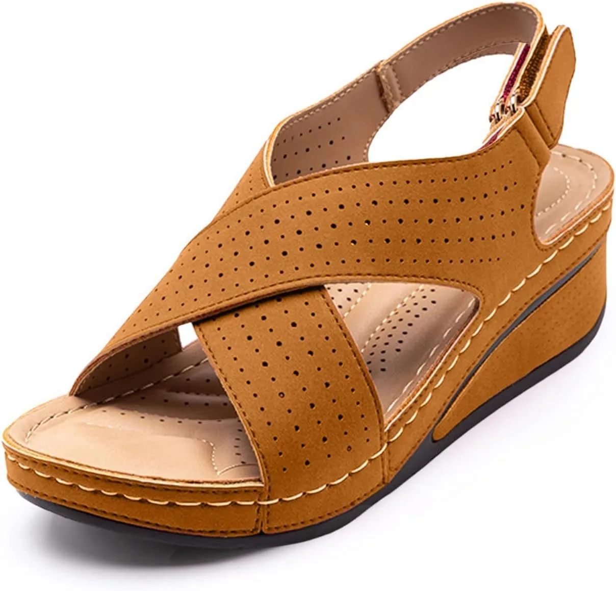 Arch Support Wedge Sandals for Women Summer Casual Open Toe Orthopedic Sandals Hollow Out Walking Sandals Criss Cross Strappy Sandals Breathable