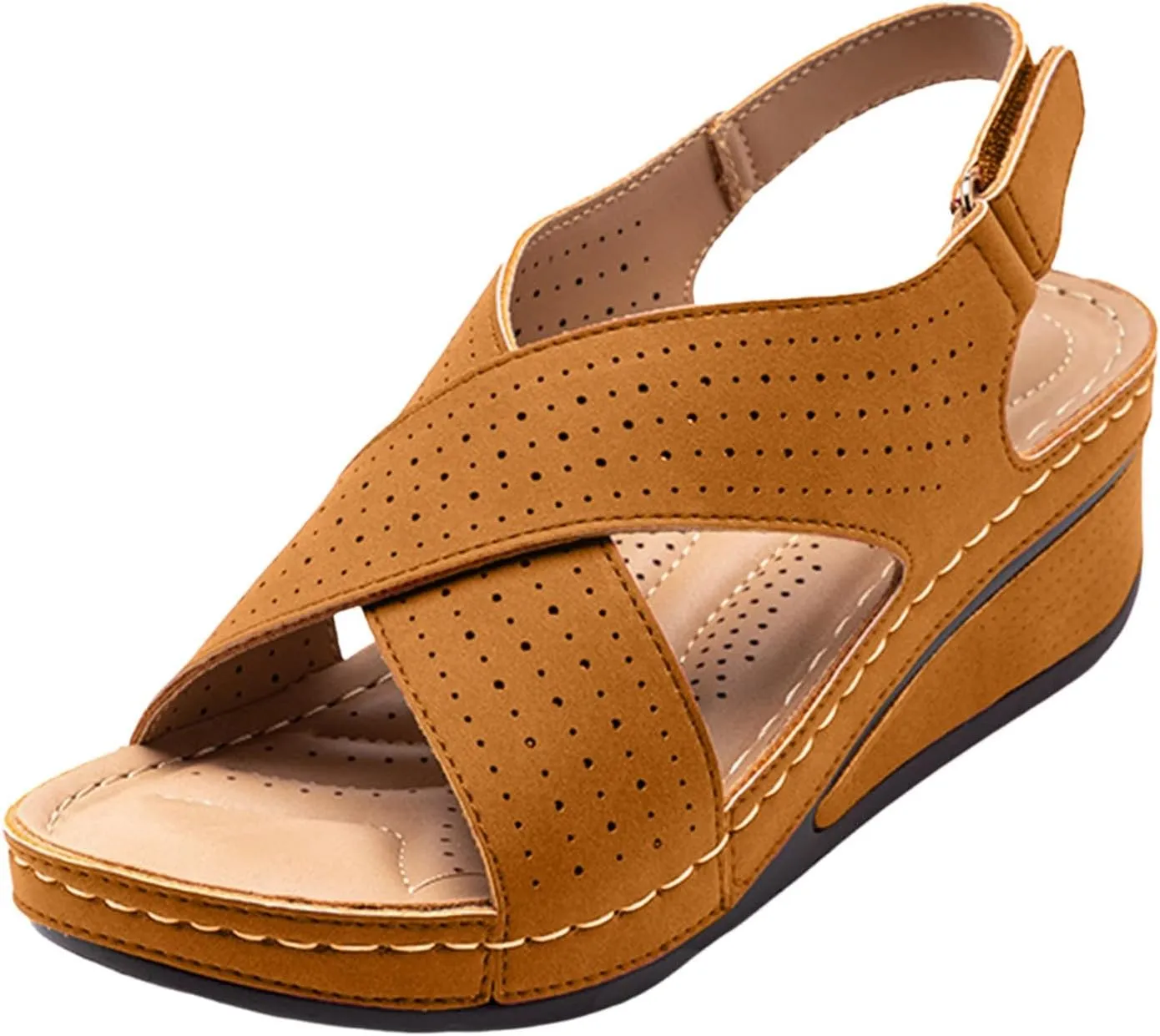 Arch Support Wedge Sandals for Women Summer Casual Open Toe Orthopedic Sandals Hollow Out Walking Sandals Criss Cross Strappy Sandals Breathable
