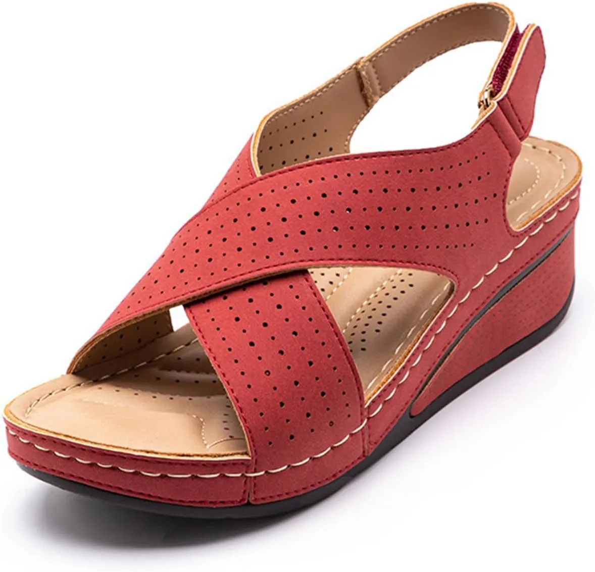 Arch Support Wedge Sandals for Women Summer Casual Open Toe Orthopedic Sandals Hollow Out Walking Sandals Criss Cross Strappy Sandals Breathable