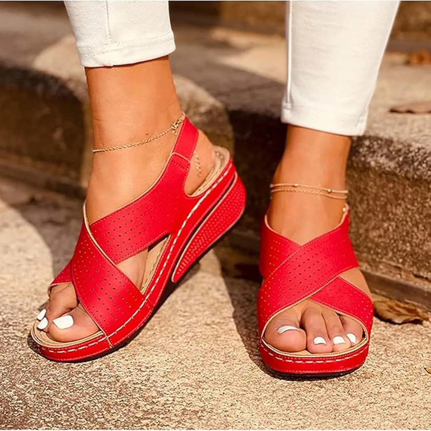 Arch Support Wedge Sandals for Women Summer Casual Open Toe Orthopedic Sandals Hollow Out Walking Sandals Criss Cross Strappy Sandals Breathable