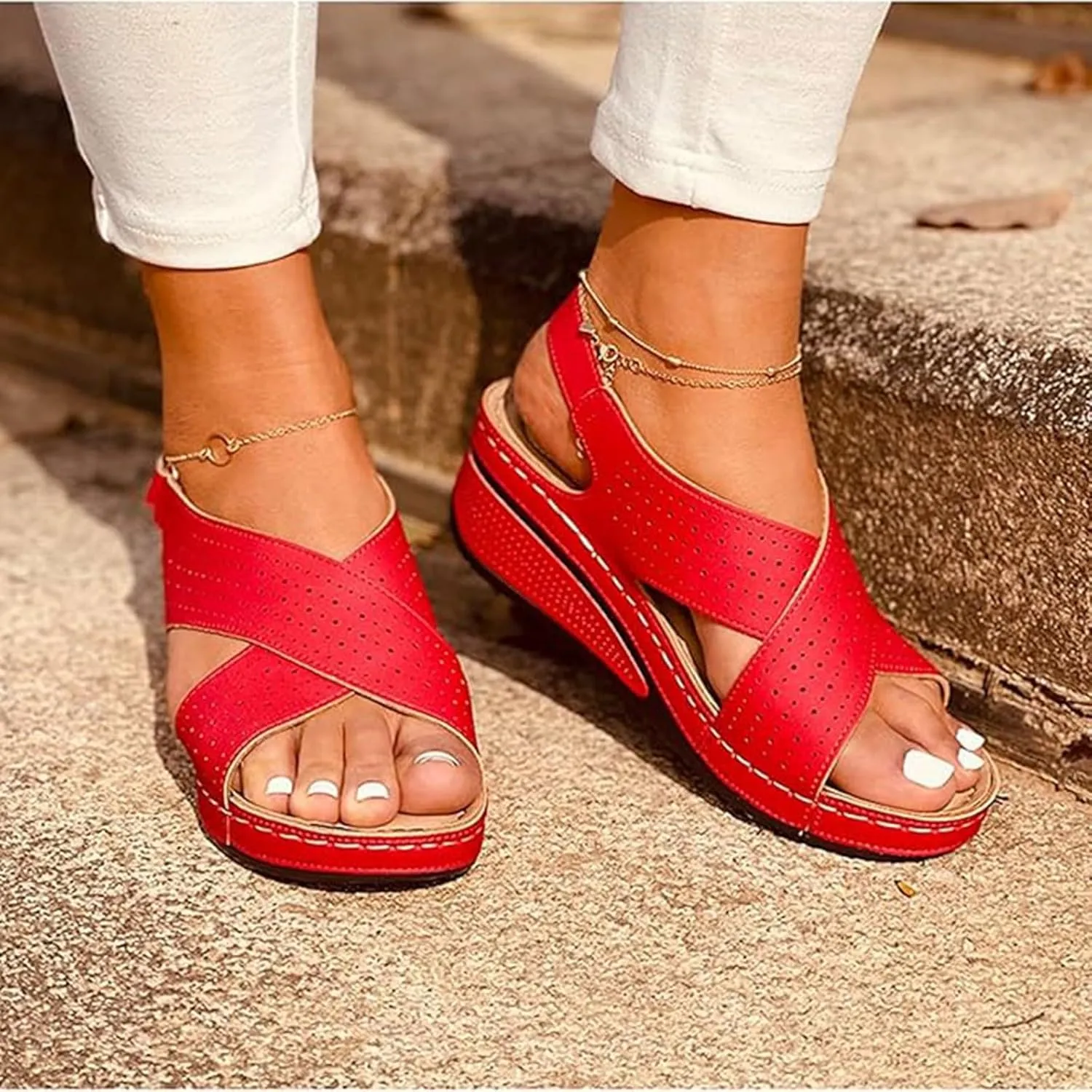 Arch Support Wedge Sandals for Women Summer Casual Open Toe Orthopedic Sandals Hollow Out Walking Sandals Criss Cross Strappy Sandals Breathable
