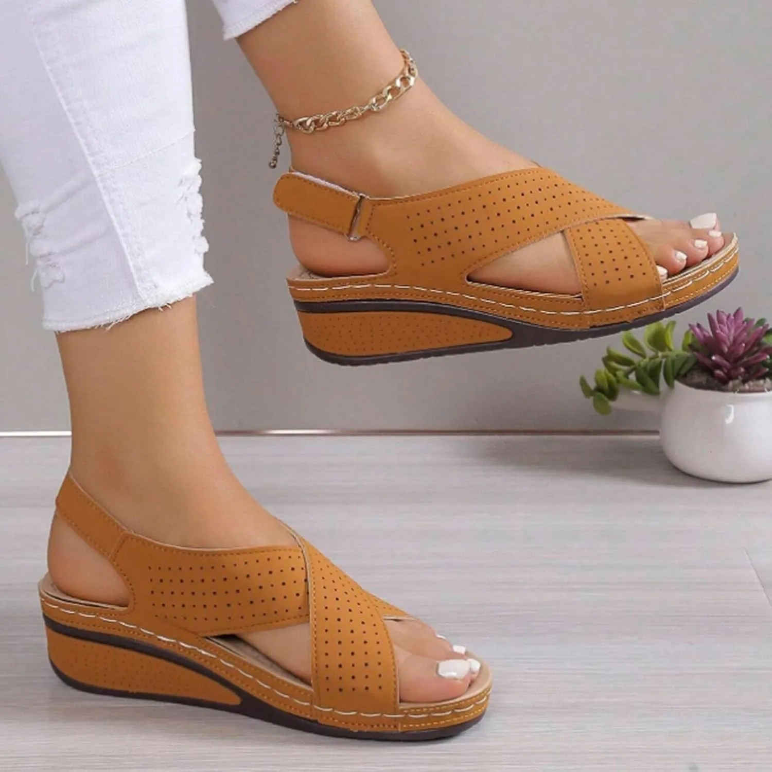 Arch Support Wedge Sandals for Women Summer Casual Open Toe Orthopedic Sandals Hollow Out Walking Sandals Criss Cross Strappy Sandals Breathable