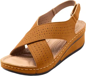 Arch Support Wedge Sandals for Women Summer Casual Open Toe Orthopedic Sandals Hollow Out Walking Sandals Criss Cross Strappy Sandals Breathable