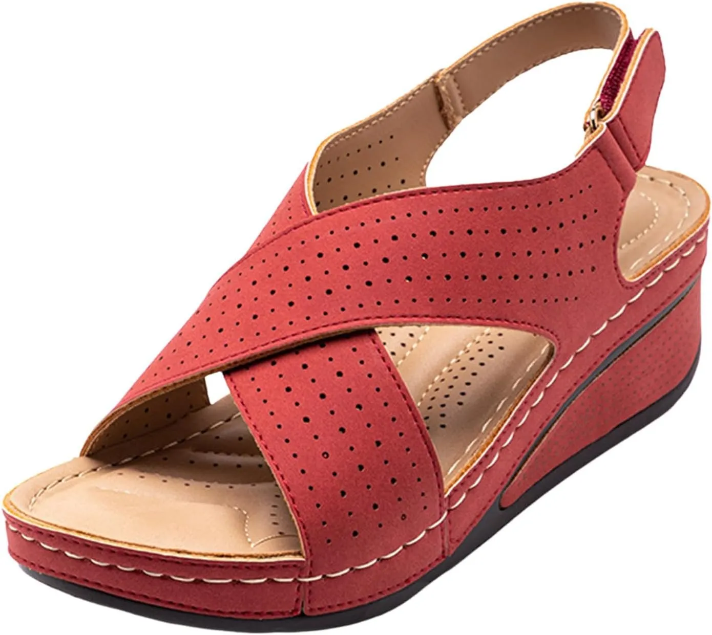 Arch Support Wedge Sandals for Women Summer Casual Open Toe Orthopedic Sandals Hollow Out Walking Sandals Criss Cross Strappy Sandals Breathable