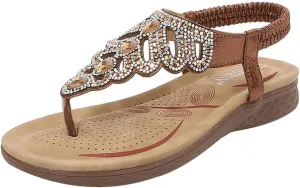 Caistre Flat Sandals for Women Summer Beach Rhinestones Thong Sandals Fashion Bohemian Dressy Shoes for Indoor Outdoor