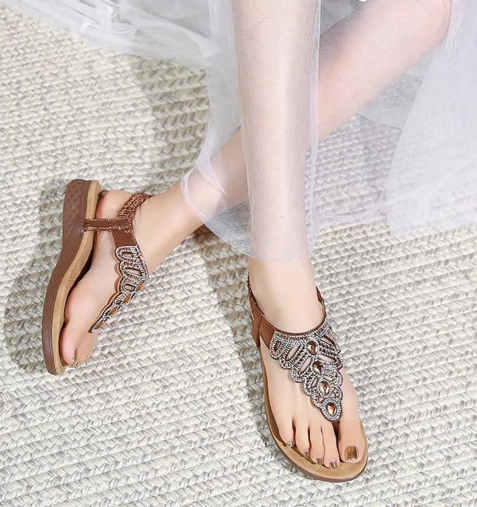 Caistre Flat Sandals for Women Summer Beach Rhinestones Thong Sandals Fashion Bohemian Dressy Shoes for Indoor Outdoor