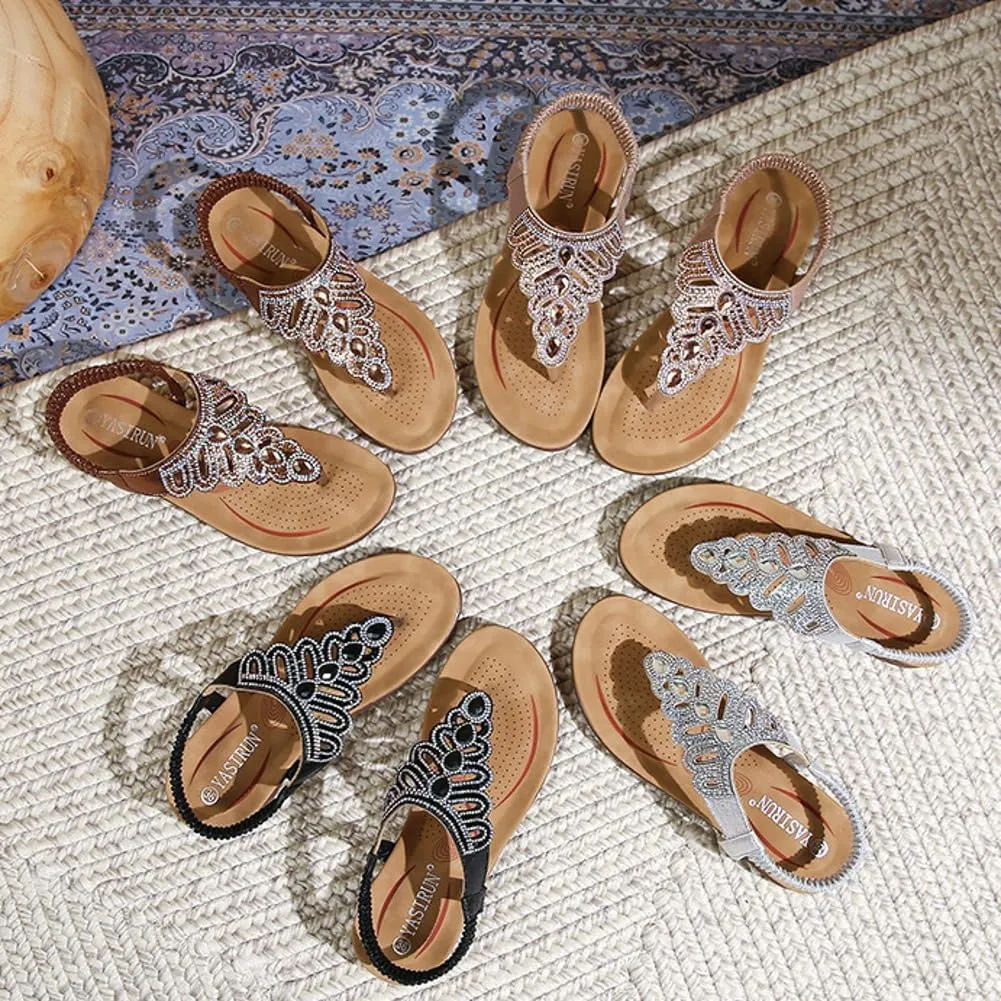 Caistre Flat Sandals for Women Summer Beach Rhinestones Thong Sandals Fashion Bohemian Dressy Shoes for Indoor Outdoor