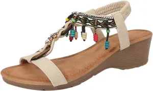 Caistre Wedge Sandals for Women Bohemian Beading Fringe Dressy Sandals Summer Open Toe Beach Shoes with Elastic Ankle Strap