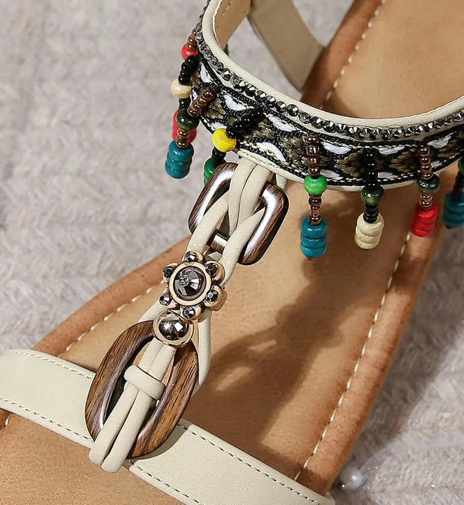 Caistre Wedge Sandals for Women Bohemian Beading Fringe Dressy Sandals Summer Open Toe Beach Shoes with Elastic Ankle Strap