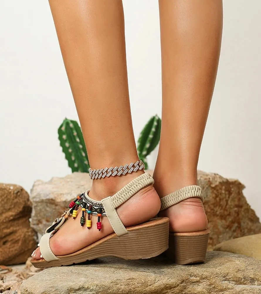 Caistre Wedge Sandals for Women Bohemian Beading Fringe Dressy Sandals Summer Open Toe Beach Shoes with Elastic Ankle Strap
