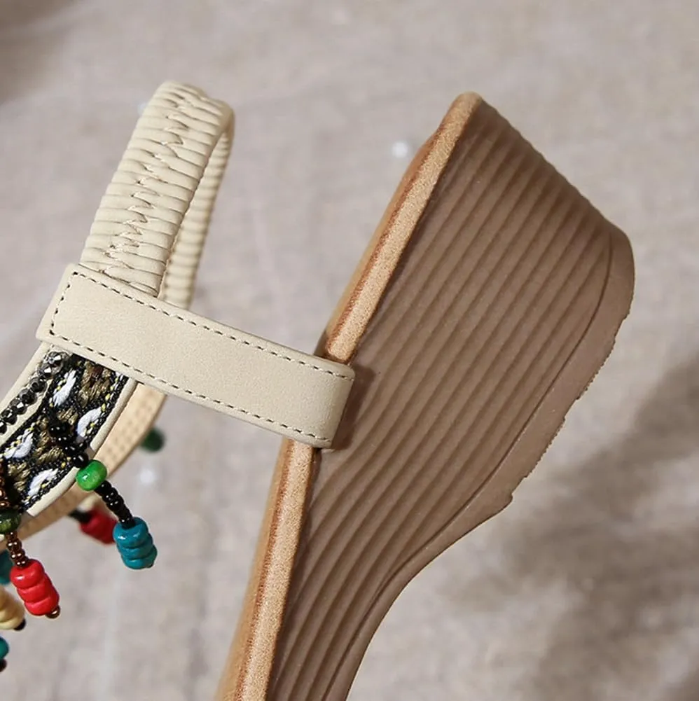 Caistre Wedge Sandals for Women Bohemian Beading Fringe Dressy Sandals Summer Open Toe Beach Shoes with Elastic Ankle Strap