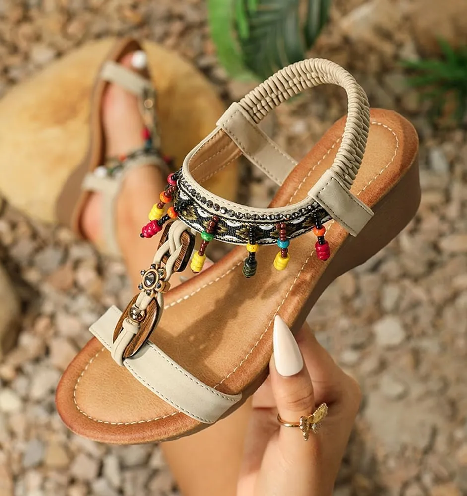 Caistre Wedge Sandals for Women Bohemian Beading Fringe Dressy Sandals Summer Open Toe Beach Shoes with Elastic Ankle Strap
