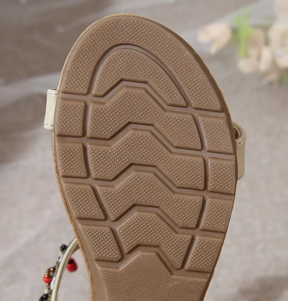 Caistre Wedge Sandals for Women Bohemian Beading Fringe Dressy Sandals Summer Open Toe Beach Shoes with Elastic Ankle Strap