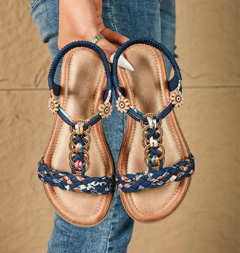 Caistre Womens Bohemian Braid Flat Sandals Summer Dressy Comfortable Walking Beach Shoes with Elastic Ankle Strap