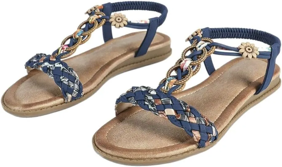 Caistre Womens Bohemian Braid Flat Sandals Summer Dressy Comfortable Walking Beach Shoes with Elastic Ankle Strap