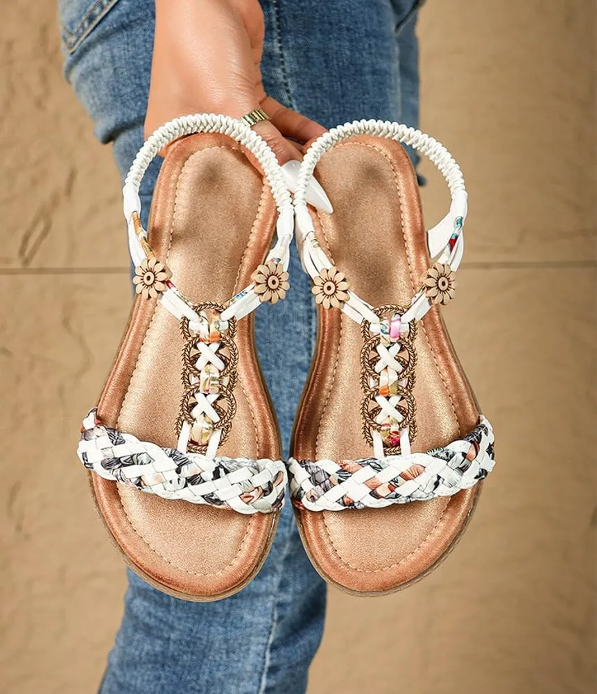 Caistre Womens Bohemian Braid Flat Sandals Summer Dressy Comfortable Walking Beach Shoes with Elastic Ankle Strap