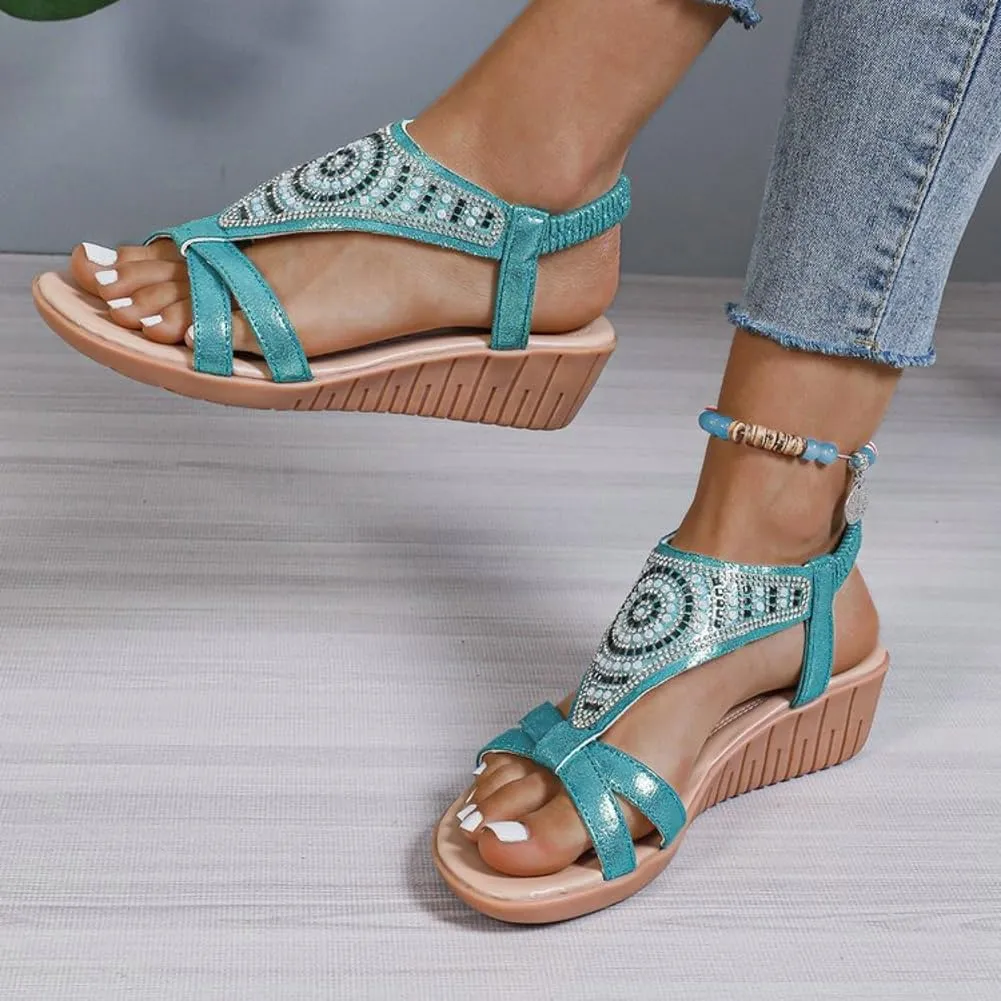 Caistre Womens Flat Sandals Summer Open Toe Dressy Sparkly Bohemian Sandals Comfortable Outdoor Walking Shoes with Ankle Strap