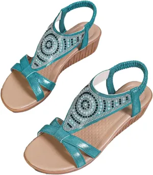 Caistre Womens Flat Sandals Summer Open Toe Dressy Sparkly Bohemian Sandals Comfortable Outdoor Walking Shoes with Ankle Strap