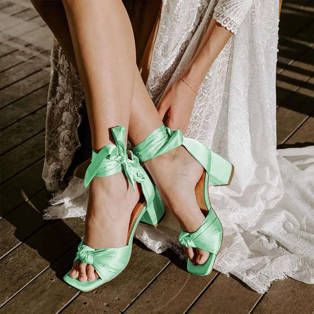 FSJ Women Lace Up Chunky Heel Strappy Sandals Square Open Toe Knot Comfortable Tie Up Block Heel Satin Bride Wedding Dress Shoes Size 4-16 US