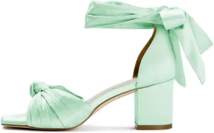 FSJ Women Lace Up Chunky Heel Strappy Sandals Square Open Toe Knot Comfortable Tie Up Block Heel Satin Bride Wedding Dress Shoes Size 4-16 US