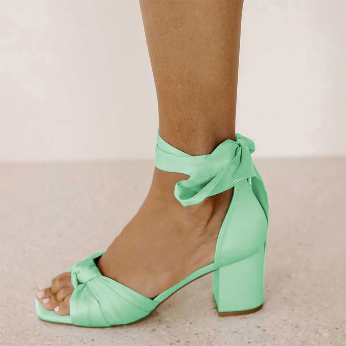 FSJ Women Lace Up Chunky Heel Strappy Sandals Square Open Toe Knot Comfortable Tie Up Block Heel Satin Bride Wedding Dress Shoes Size 4-16 US