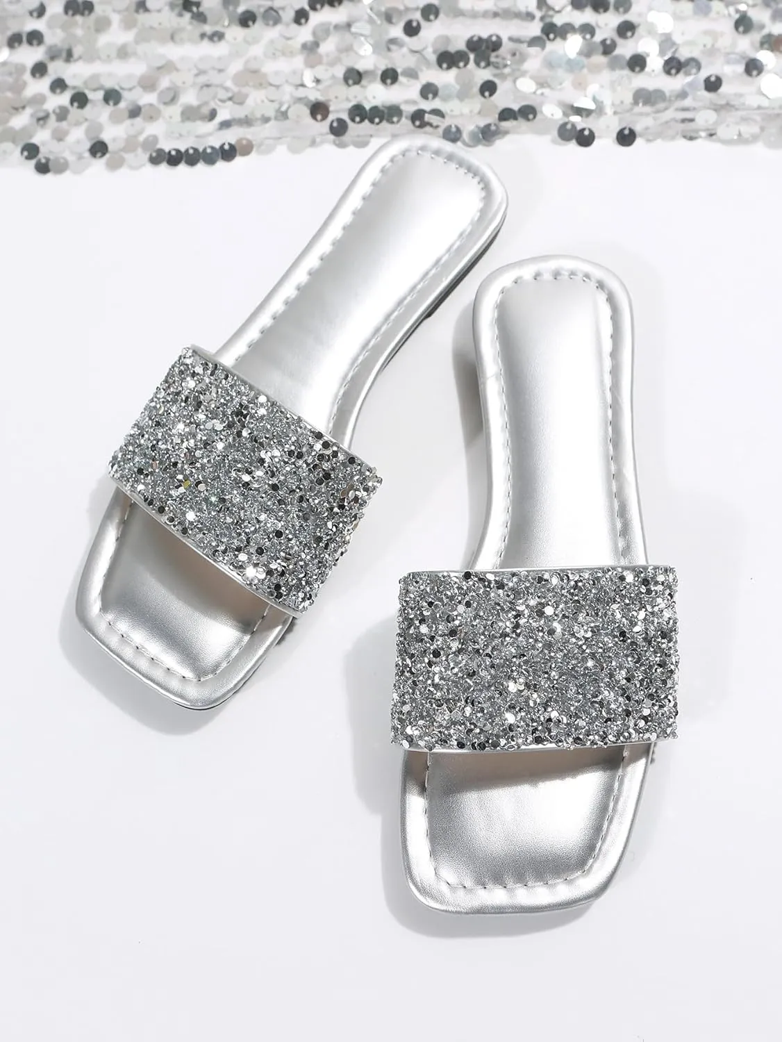 GORGLITTER Women's Rhinestone Sandals Glitter Strappy Sequin Shoes Square Toe Sparkly Flat Sandals