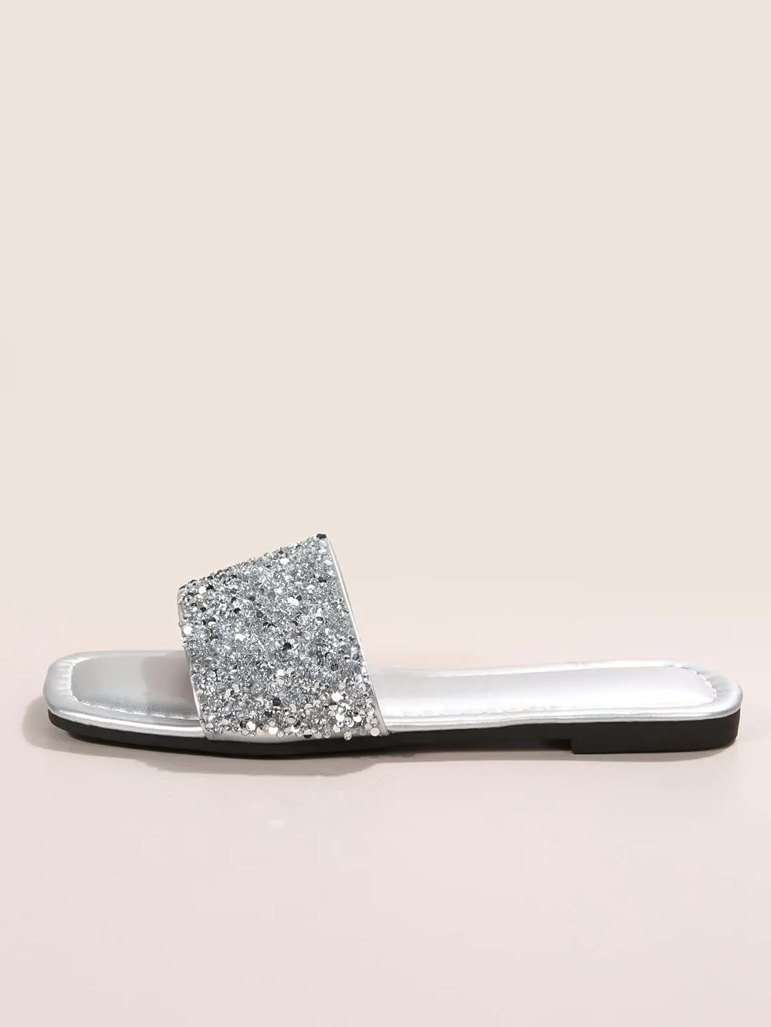 GORGLITTER Women's Rhinestone Sandals Glitter Strappy Sequin Shoes Square Toe Sparkly Flat Sandals