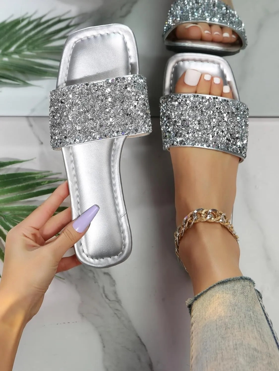 GORGLITTER Women's Rhinestone Sandals Glitter Strappy Sequin Shoes Square Toe Sparkly Flat Sandals
