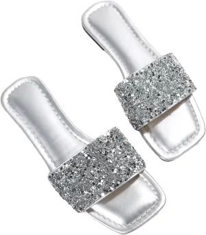 GORGLITTER Women's Rhinestone Sandals Glitter Strappy Sequin Shoes Square Toe Sparkly Flat Sandals