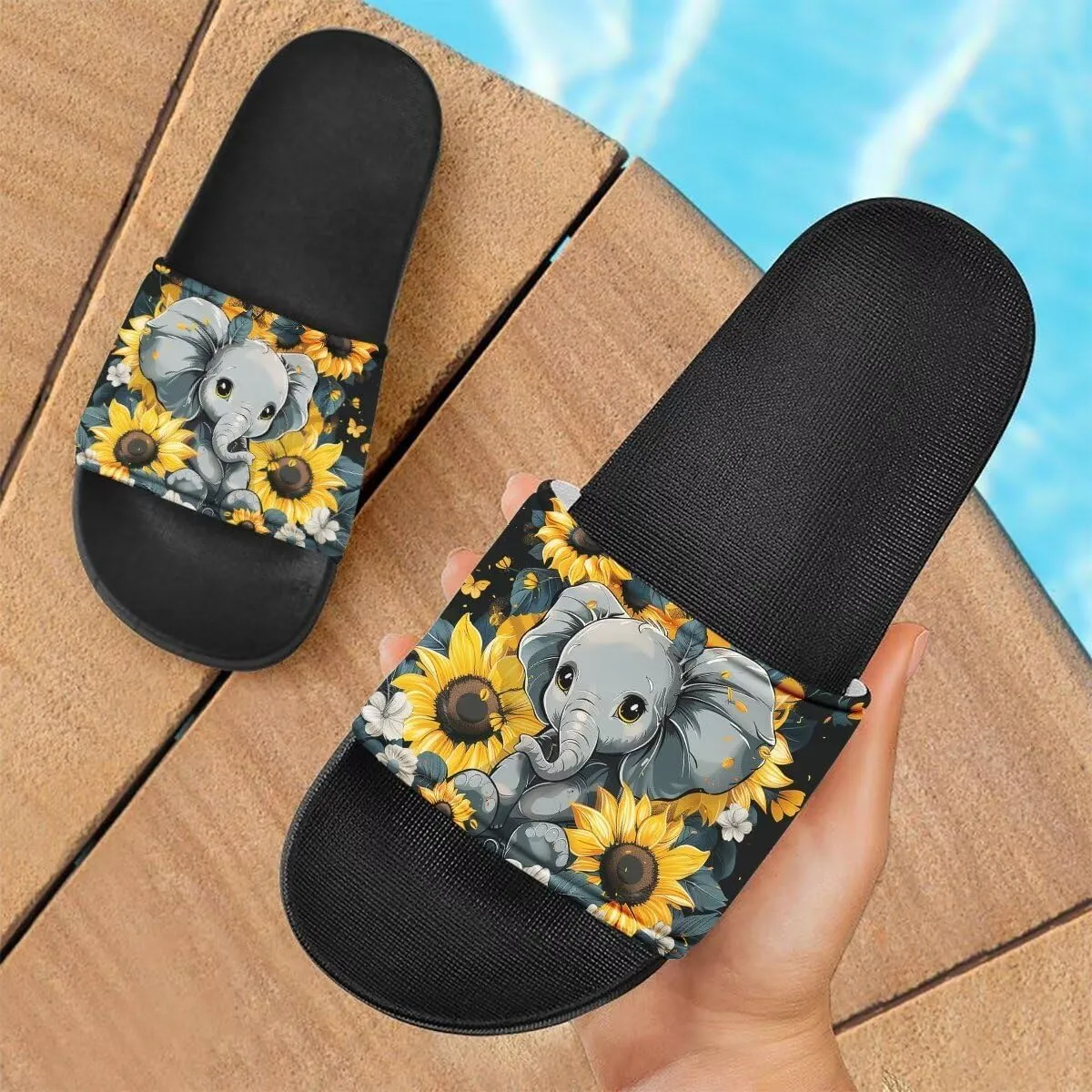 Howilath Cute Animal Women's Classic Open Toe Single Band Slip-On Flat Slide Sandal, Mandala Galaxy Butterflies Colorful Design Women Shower Slippers