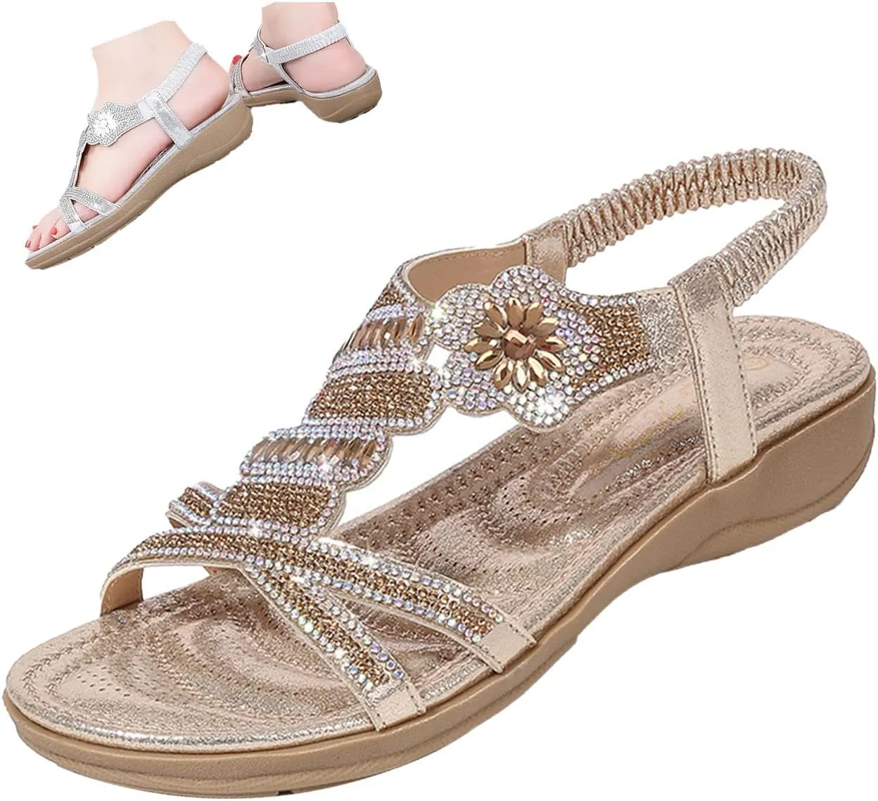 Keilinia Women's Open Toe Flat Sandals,Rhinestones Flower Glitter Comfy Slingback Ankle Elastic T-Strap Casual Boho Beach Shoes