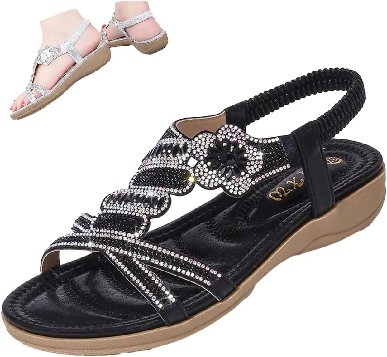 Keilinia Women's Open Toe Flat Sandals,Rhinestones Flower Glitter Comfy Slingback Ankle Elastic T-Strap Casual Boho Beach Shoes
