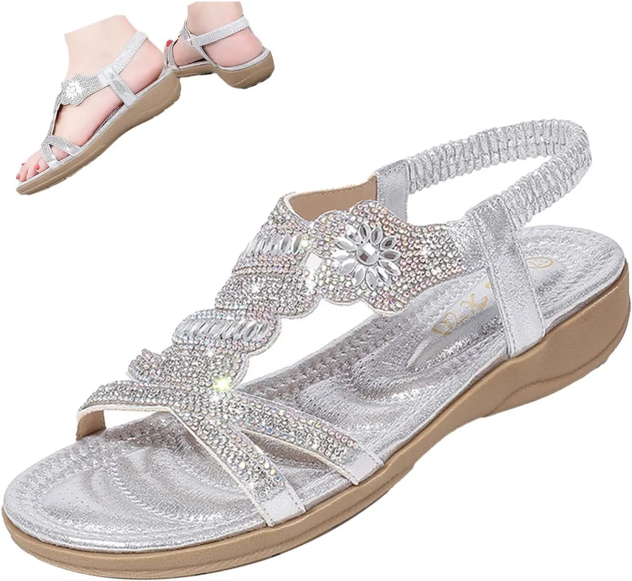 Keilinia Women's Open Toe Flat Sandals,Rhinestones Flower Glitter Comfy Slingback Ankle Elastic T-Strap Casual Boho Beach Shoes