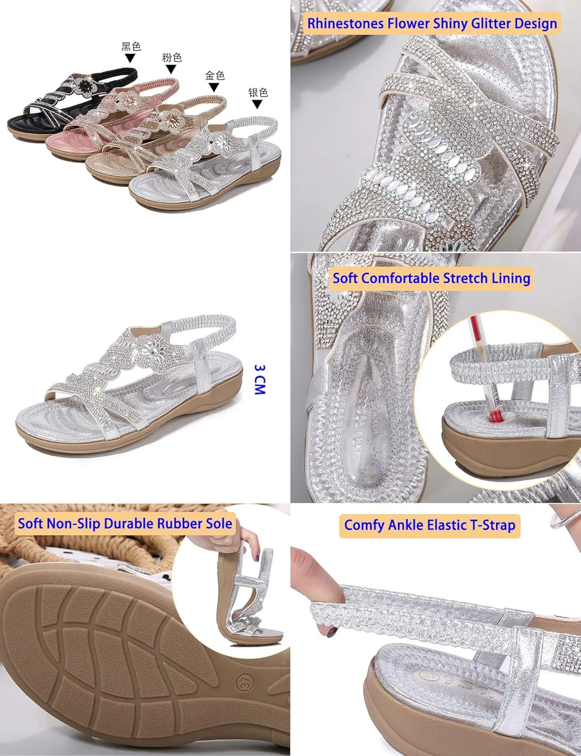 Keilinia Women's Open Toe Flat Sandals,Rhinestones Flower Glitter Comfy Slingback Ankle Elastic T-Strap Casual Boho Beach Shoes