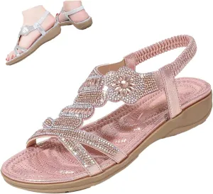 Keilinia Women's Open Toe Flat Sandals,Rhinestones Flower Glitter Comfy Slingback Ankle Elastic T-Strap Casual Boho Beach Shoes
