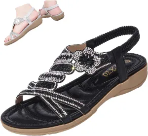 Keilinia Women's Open Toe Flat Sandals,Rhinestones Flower Glitter Comfy Slingback Ankle Elastic T-Strap Casual Boho Beach Shoes