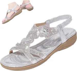 Keilinia Women's Open Toe Flat Sandals,Rhinestones Flower Glitter Comfy Slingback Ankle Elastic T-Strap Casual Boho Beach Shoes