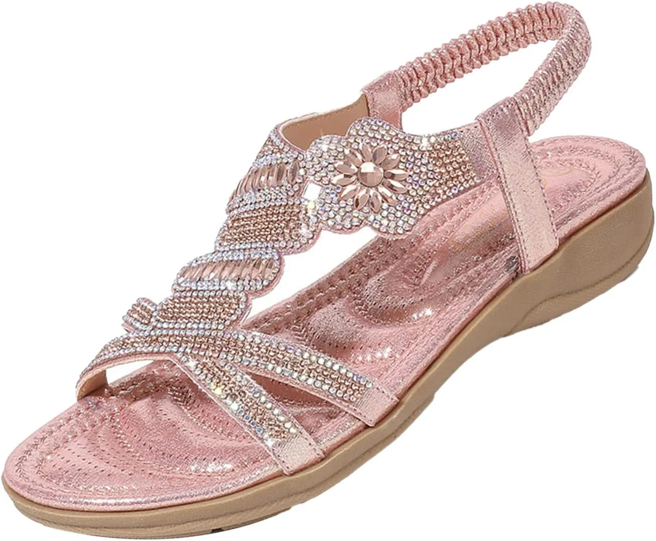 Keilinia Women's Open Toe Flat Sandals,Rhinestones Flower Glitter Comfy Slingback Ankle Elastic T-Strap Casual Boho Beach Shoes