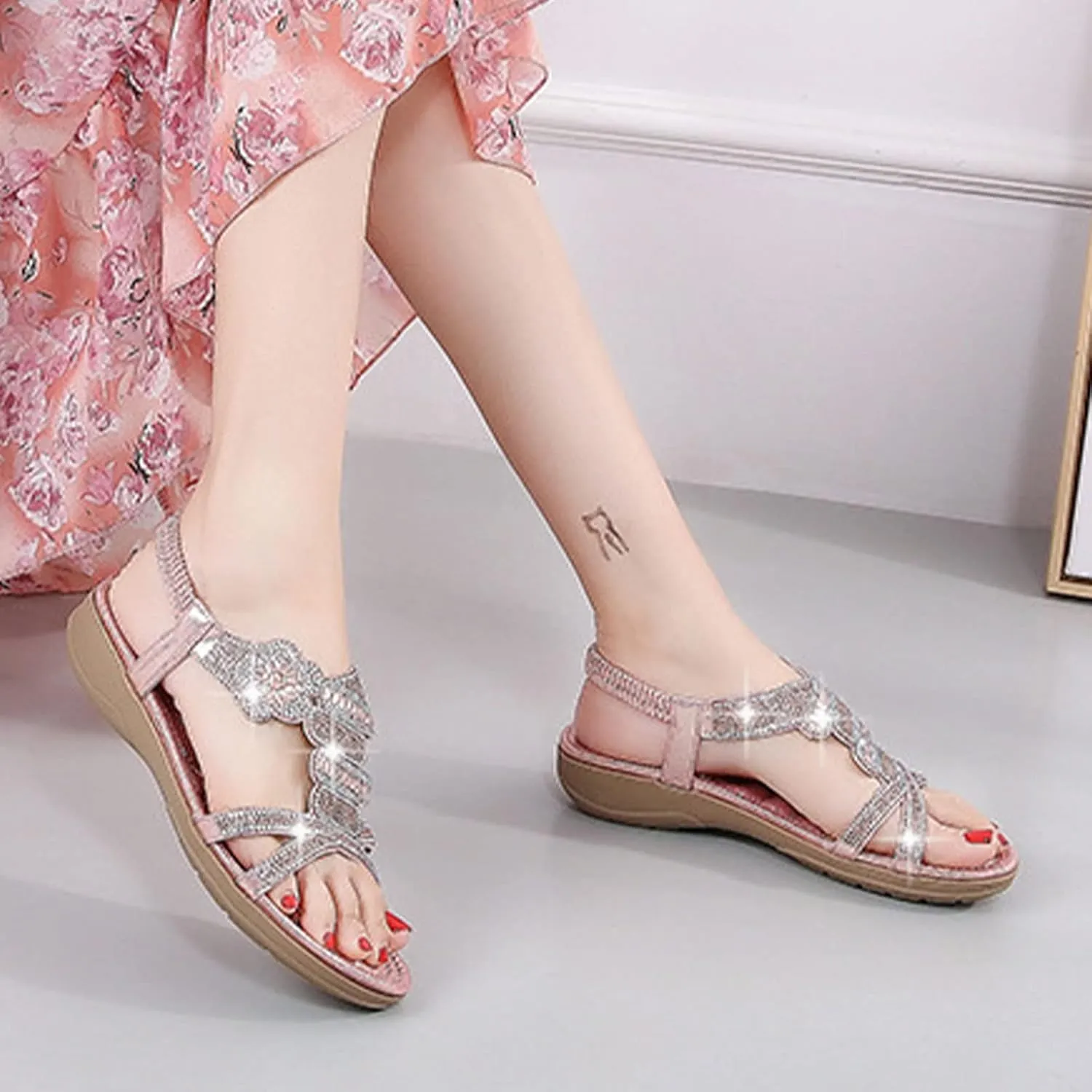 Keilinia Women's Open Toe Flat Sandals,Rhinestones Flower Glitter Comfy Slingback Ankle Elastic T-Strap Casual Boho Beach Shoes