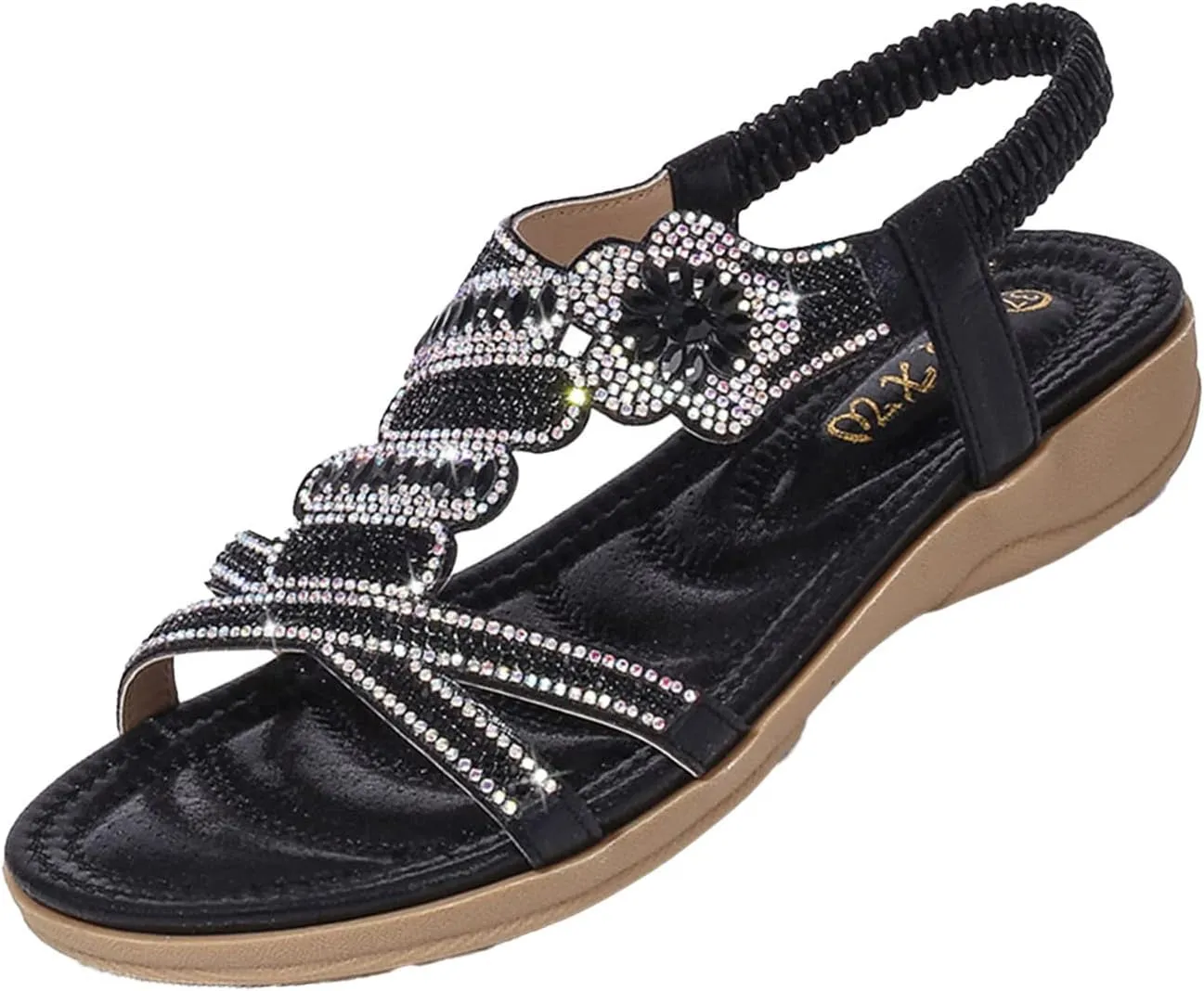 Keilinia Women's Open Toe Flat Sandals,Rhinestones Flower Glitter Comfy Slingback Ankle Elastic T-Strap Casual Boho Beach Shoes