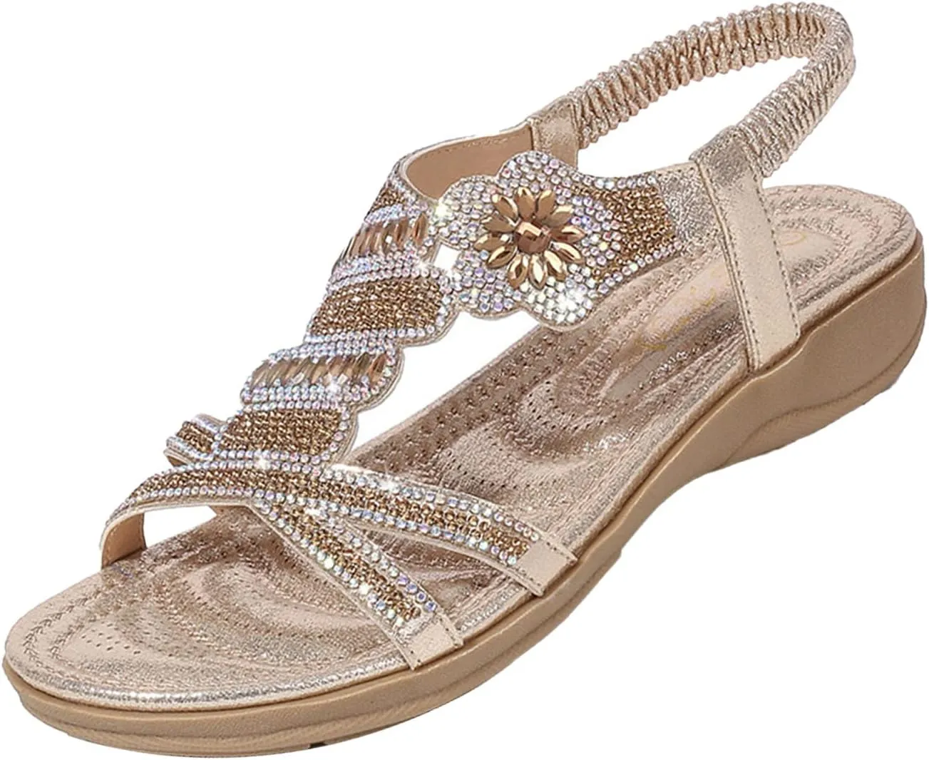 Keilinia Women's Open Toe Flat Sandals,Rhinestones Flower Glitter Comfy Slingback Ankle Elastic T-Strap Casual Boho Beach Shoes