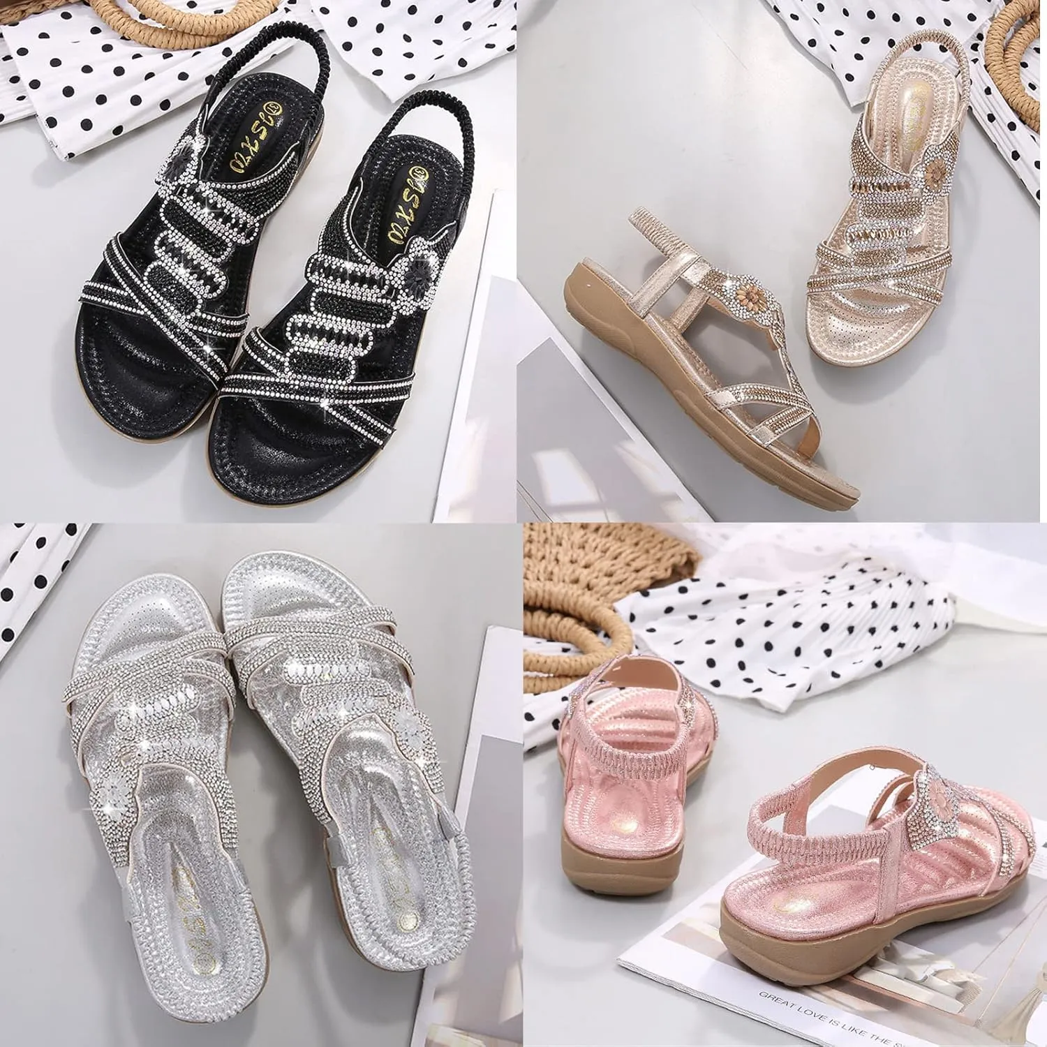 Keilinia Women's Open Toe Flat Sandals,Rhinestones Flower Glitter Comfy Slingback Ankle Elastic T-Strap Casual Boho Beach Shoes