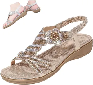 Keilinia Women's Open Toe Flat Sandals,Rhinestones Flower Glitter Comfy Slingback Ankle Elastic T-Strap Casual Boho Beach Shoes
