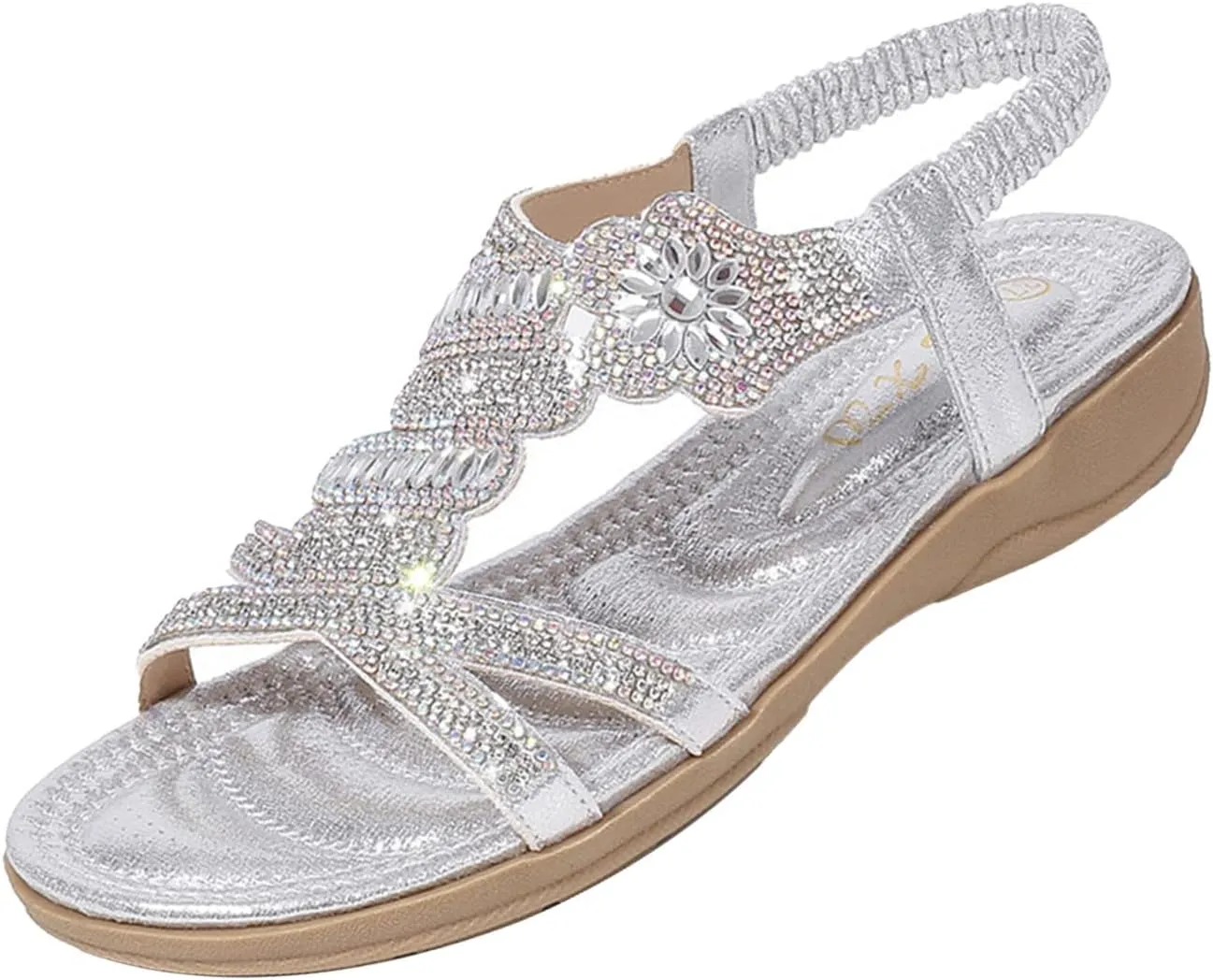 Keilinia Women's Open Toe Flat Sandals,Rhinestones Flower Glitter Comfy Slingback Ankle Elastic T-Strap Casual Boho Beach Shoes