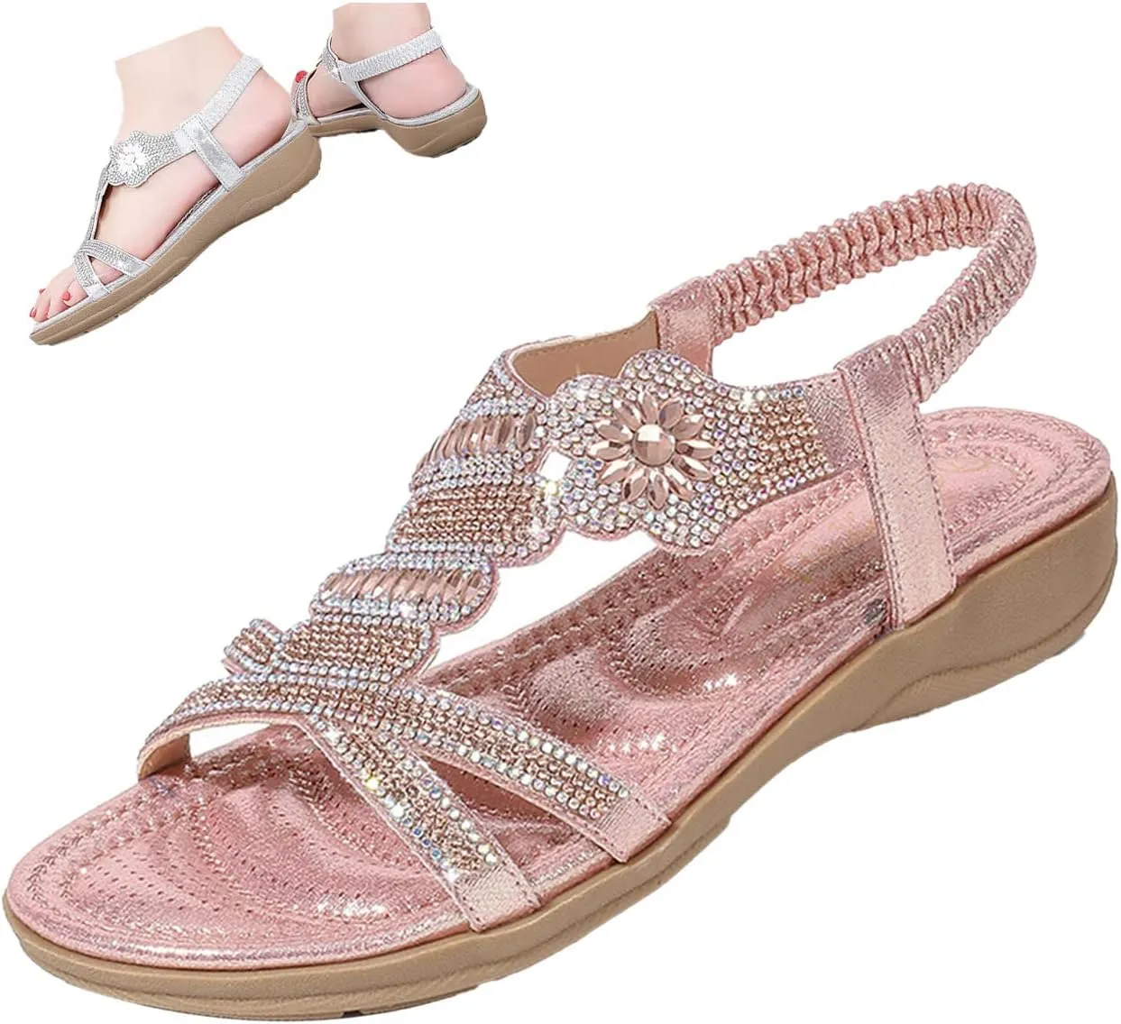Keilinia Women's Open Toe Flat Sandals,Rhinestones Flower Glitter Comfy Slingback Ankle Elastic T-Strap Casual Boho Beach Shoes