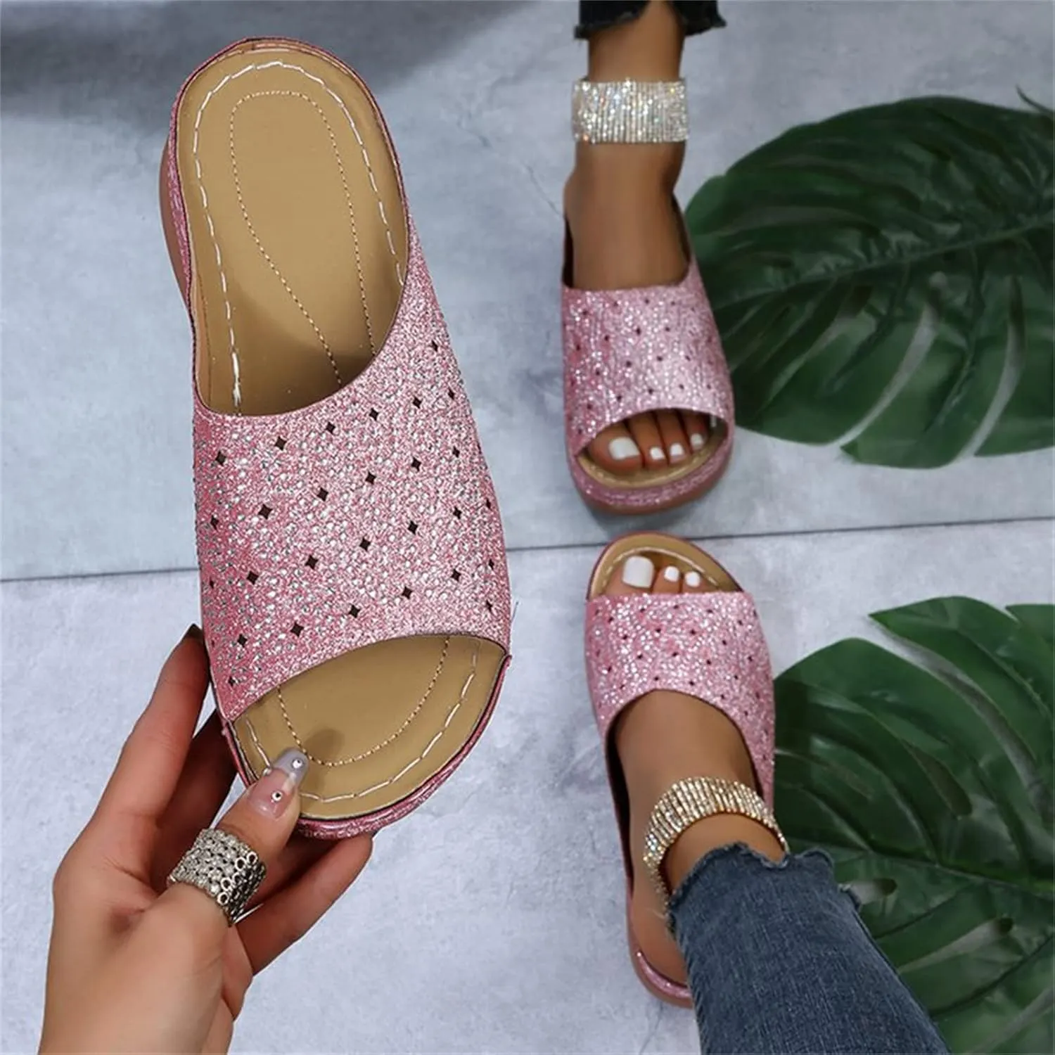 Ladmiple Sandals for Women Casual Summer 2023 Sparkly Orthopedic Sandal with Arch Support Roman Open Toe Flip Flop Shoes