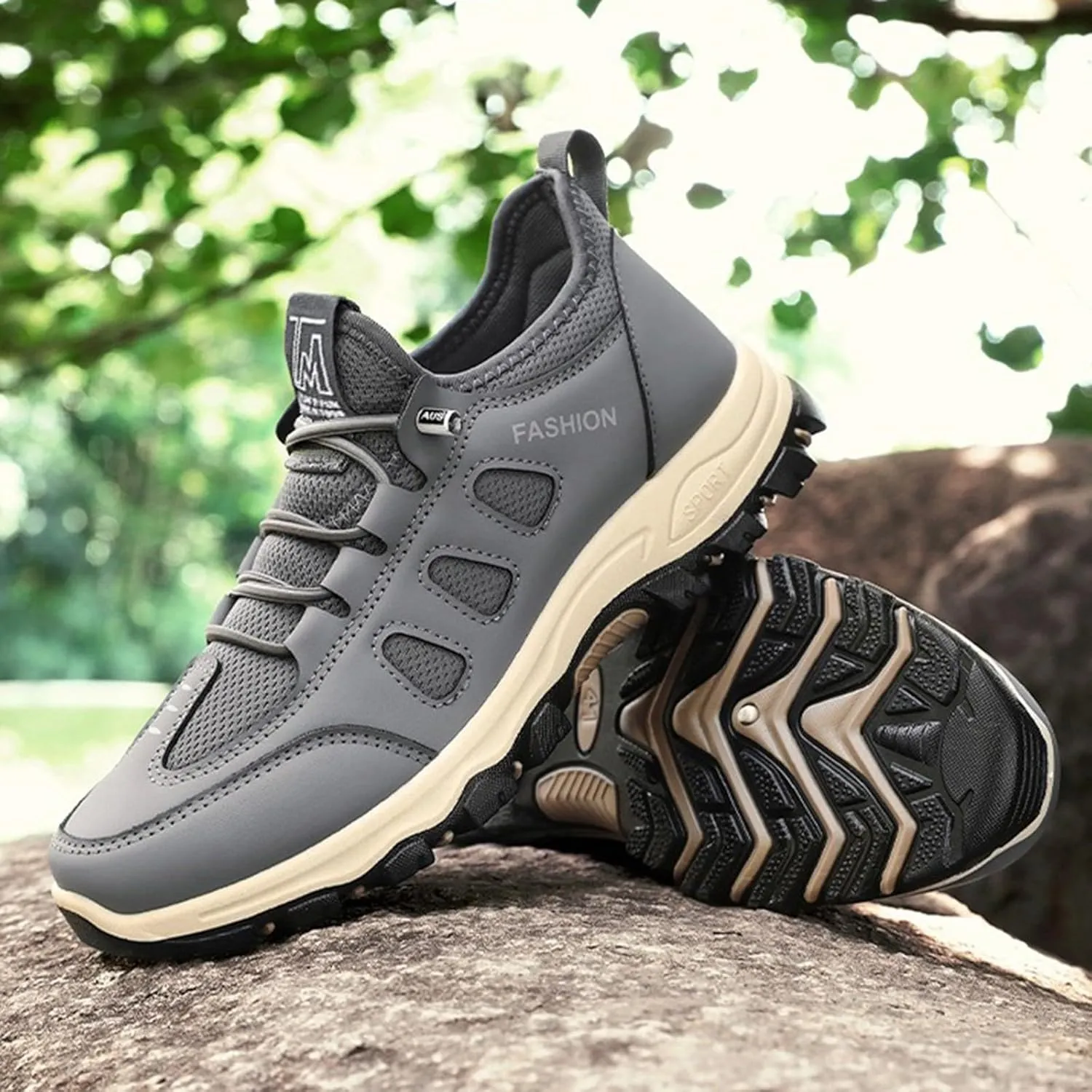Men's Hiking Waterproof Casual Breathable Mesh Leather Outdoor Lightweight Comfortable Non Slip Walking Work Mountaineering Shoes with Adjustable Lace Arch Support
