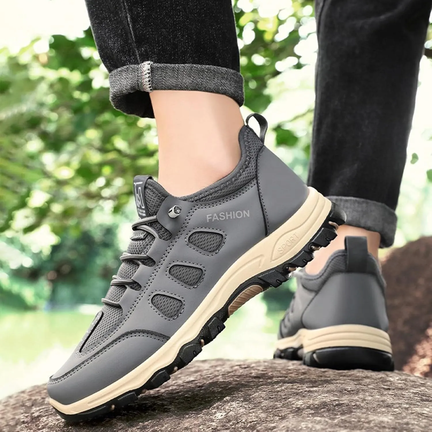 Men's Hiking Waterproof Casual Breathable Mesh Leather Outdoor Lightweight Comfortable Non Slip Walking Work Mountaineering Shoes with Adjustable Lace Arch Support