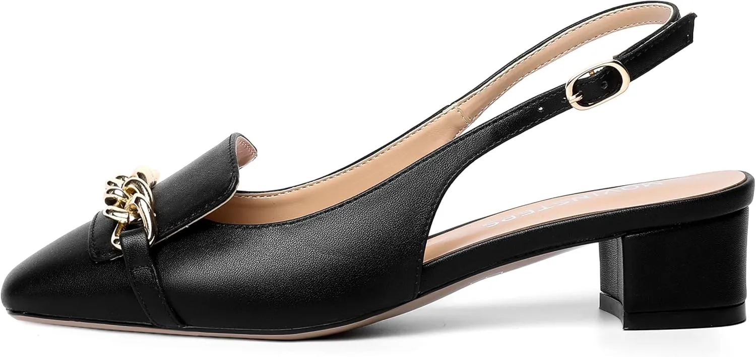 MOVINSTEPS Womens Square Toe Matte Buckle Wedding Metal Solid Dress Adjustable Strap Block Low Heel Pumps Shoes 1.5 Inch