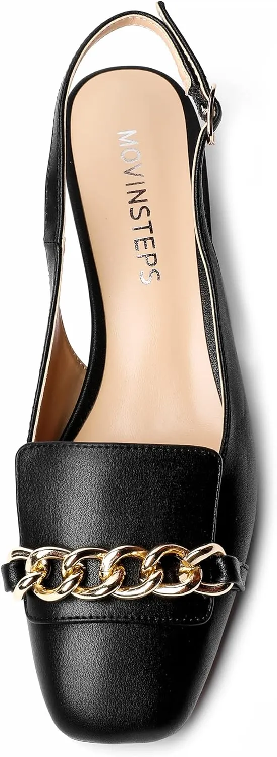MOVINSTEPS Womens Square Toe Matte Buckle Wedding Metal Solid Dress Adjustable Strap Block Low Heel Pumps Shoes 1.5 Inch